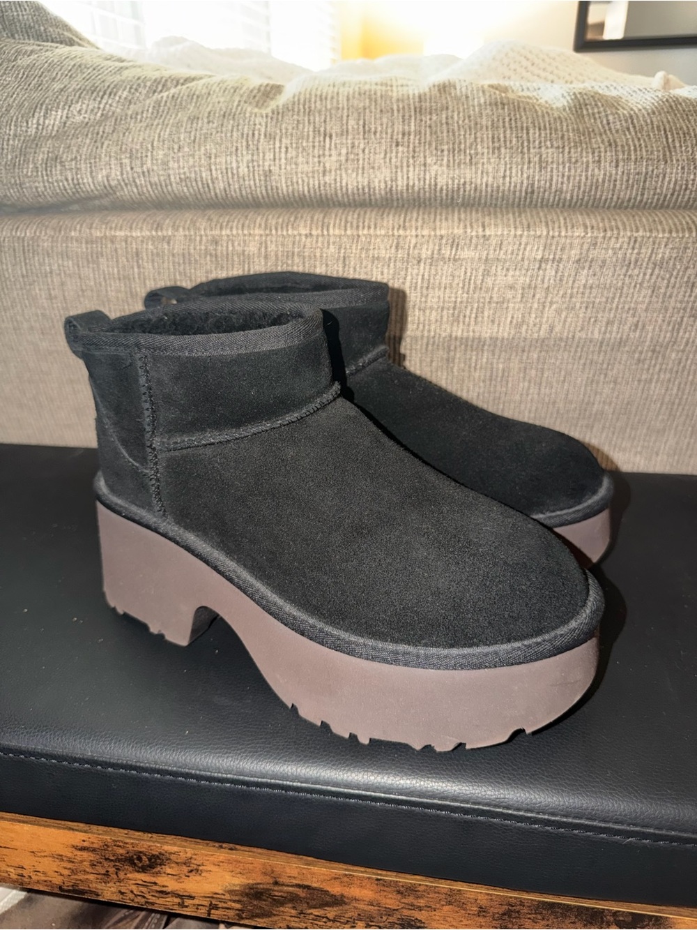 UGG Black Suede Platform Classic Ultra Mini New Heights